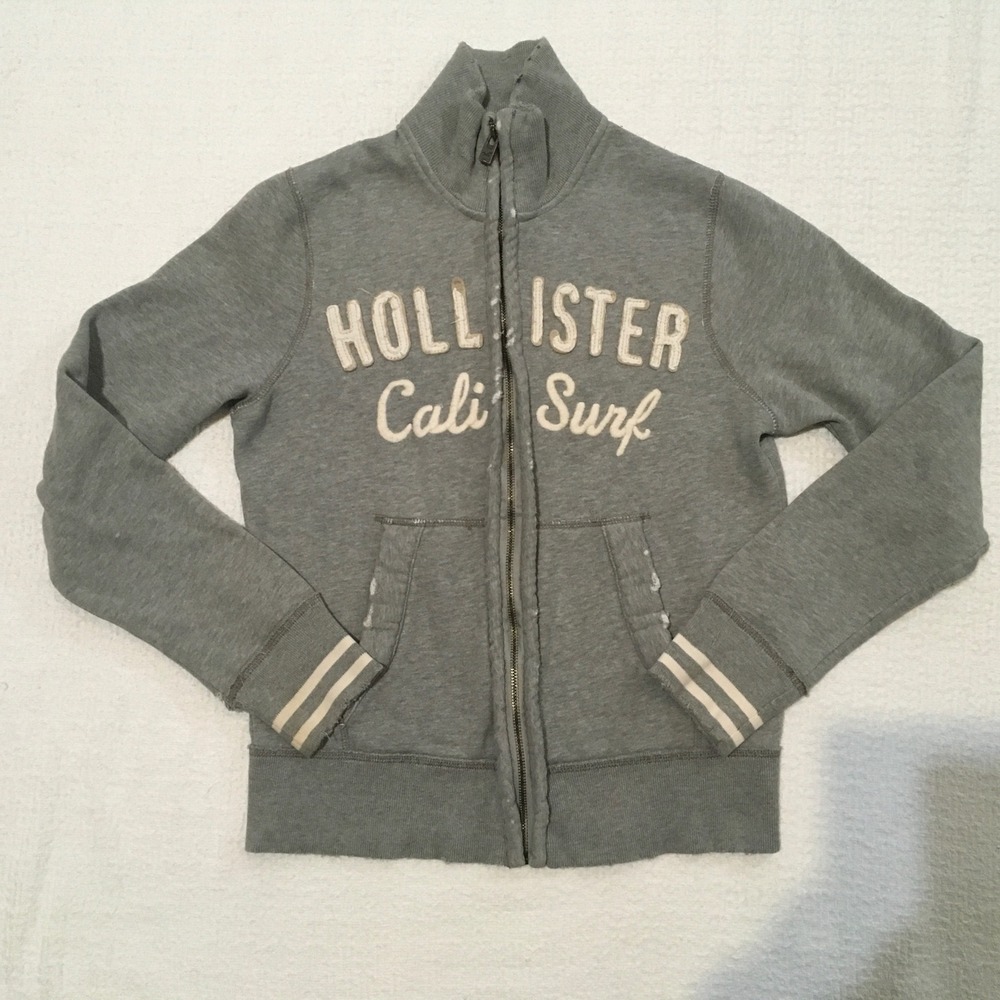 Hollister Gray Zip-Up Cali Surf Sweatshirt with Cream Lettering